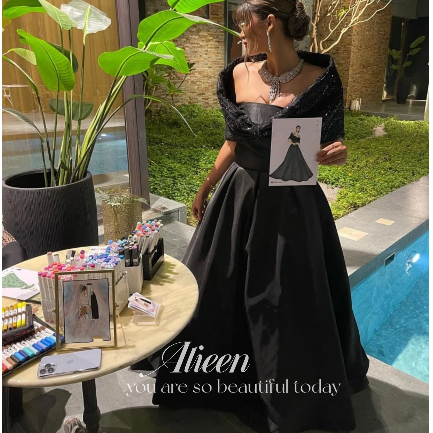 

Aileen Satin Elegant Evening Dresses for Women 2023 Line A Shawl Black Ball Gown Dubai Gala Dress Cocktail of Dresses Party Prom