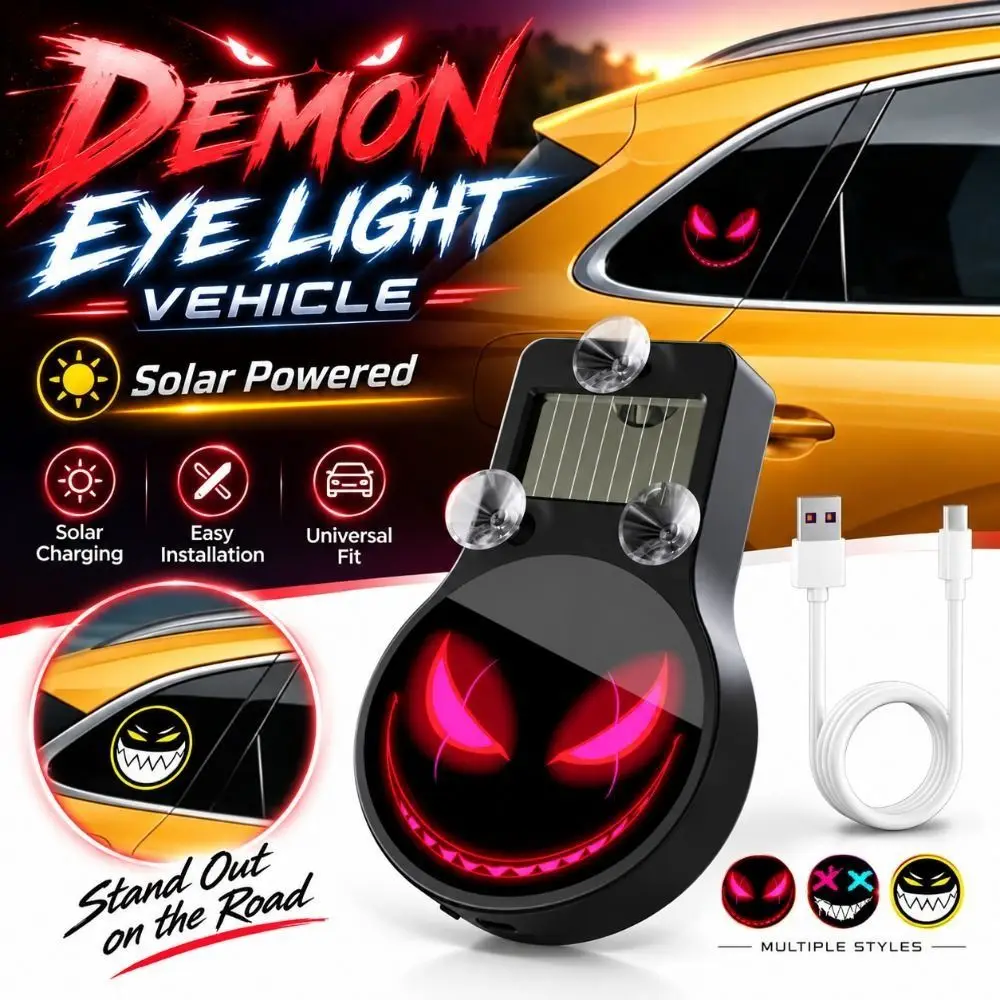 Solar Powered Demon Eye Light Vehicle Suction Cup Mount Type-C Rechargeable LED Car Window Light Black Plastic