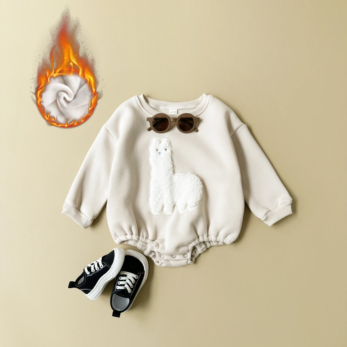 Winter Baby Boys Girls Infant Alpaca Embroidered Lamb Hair with Plush for Warm Long Sleeved Baby Round Neck Clothes