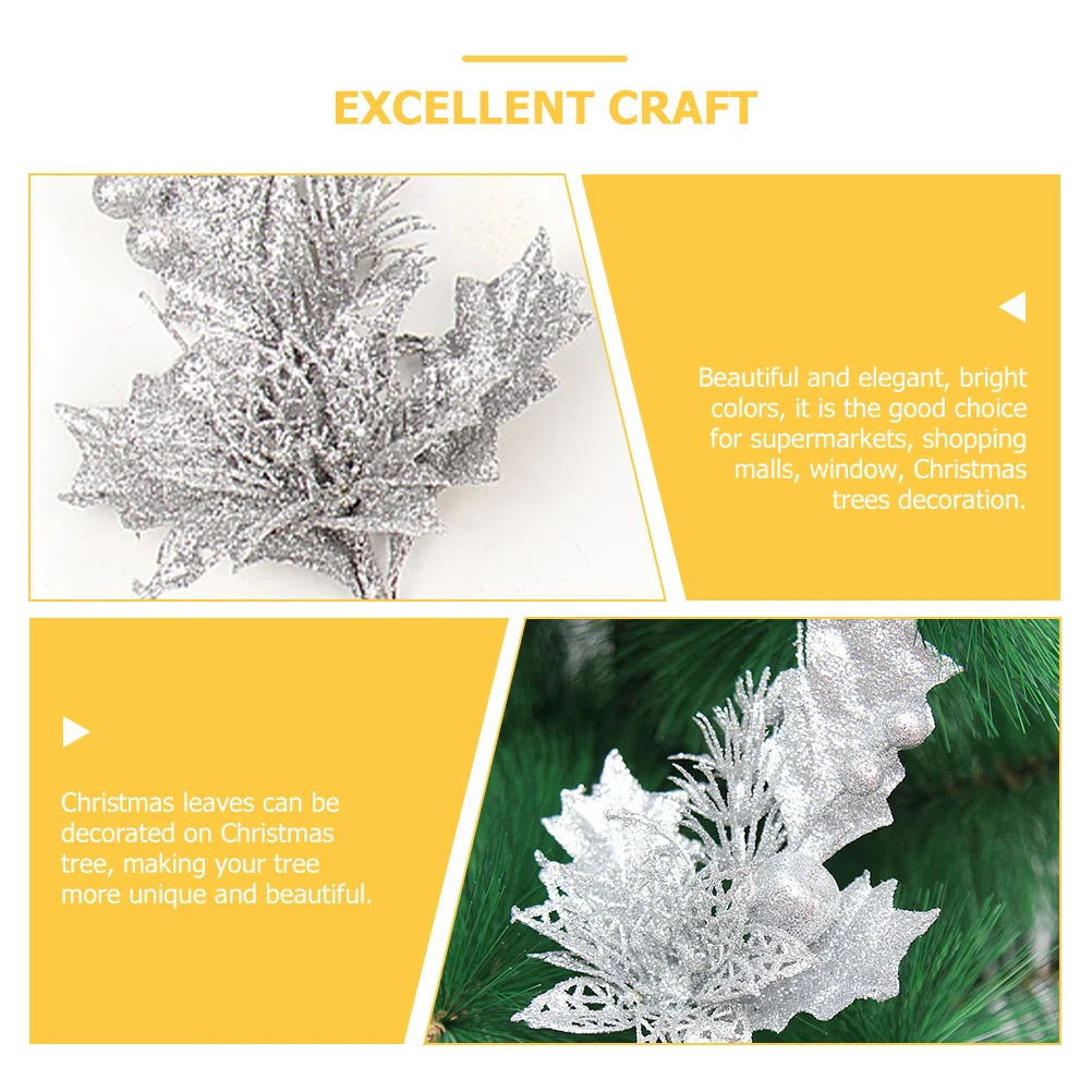 

5Pcs Christmas Glitter Leaves Picks Artificial Fake Leaves Stems for Tree Wreath Vase Decor Holiday Floral Arrangement