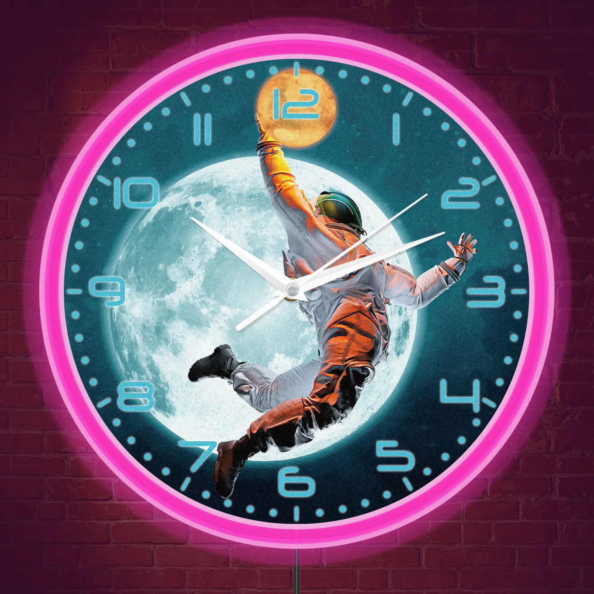 Astronaut Basketball Dunk LED Neon Light Wall Clock for Man Cave Game Room Galaxy Outer Space Full Moon Illuminated Wall Clock