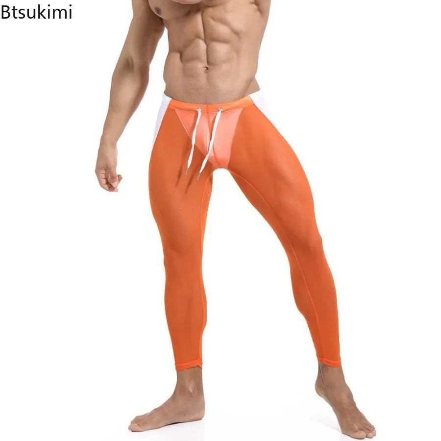 2025 Men's Ice Silk Long Pants Thin Nylon Sexy Sportswear Underwear Men Tight Legging Long Skinny Fitness Riding Sleep Bottoms