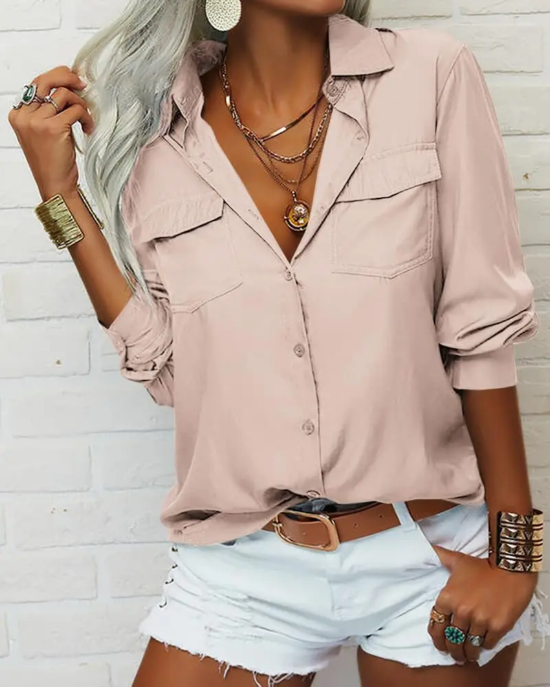 Solid Color Long Sleeves Button Down Shirt Top Spring Fall Elegant Women Clothing Basic Lapel Office Blouse