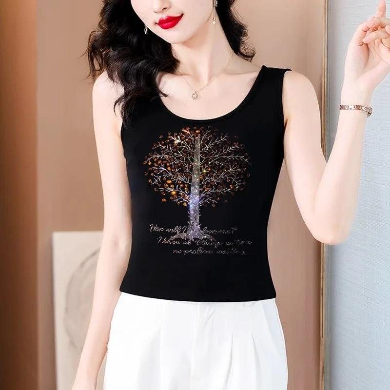 Simple Large Size Sling Vest Women's Summer New Temperament Rhinestones Sleeveless Graphic Inner Wear Outfis Tank Top