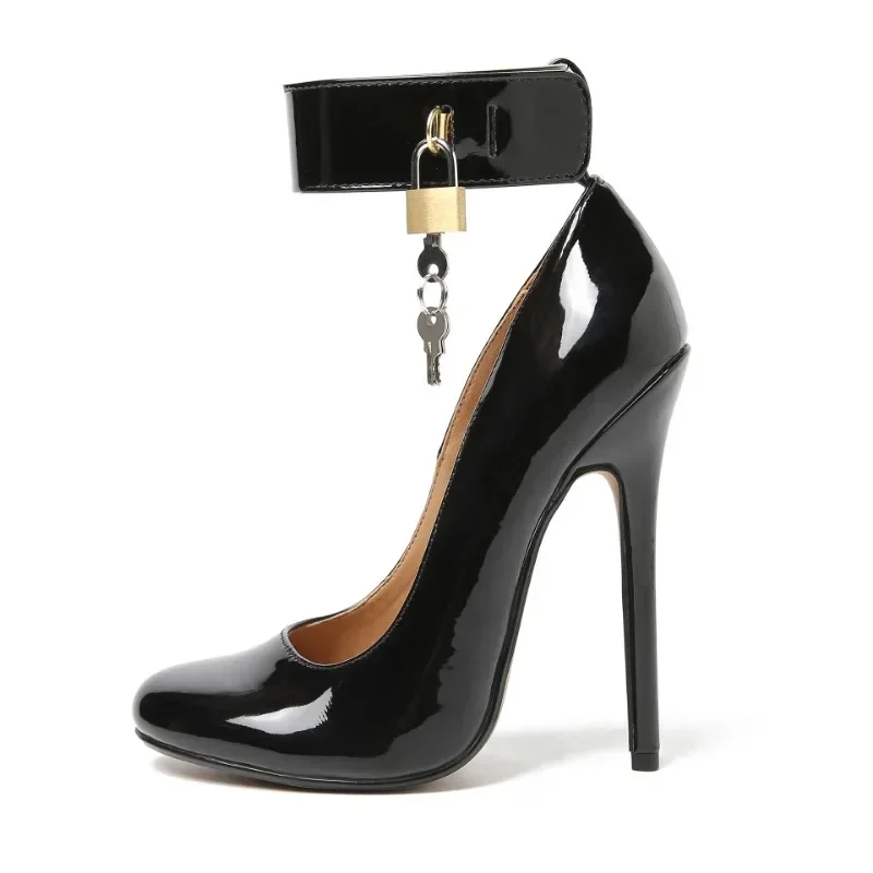 Designer New Women Pumps Belt Buckle Pointed Toe Patent Leather 14CM Thin Heels With Lock Fashion High Heels Women Shoes Black