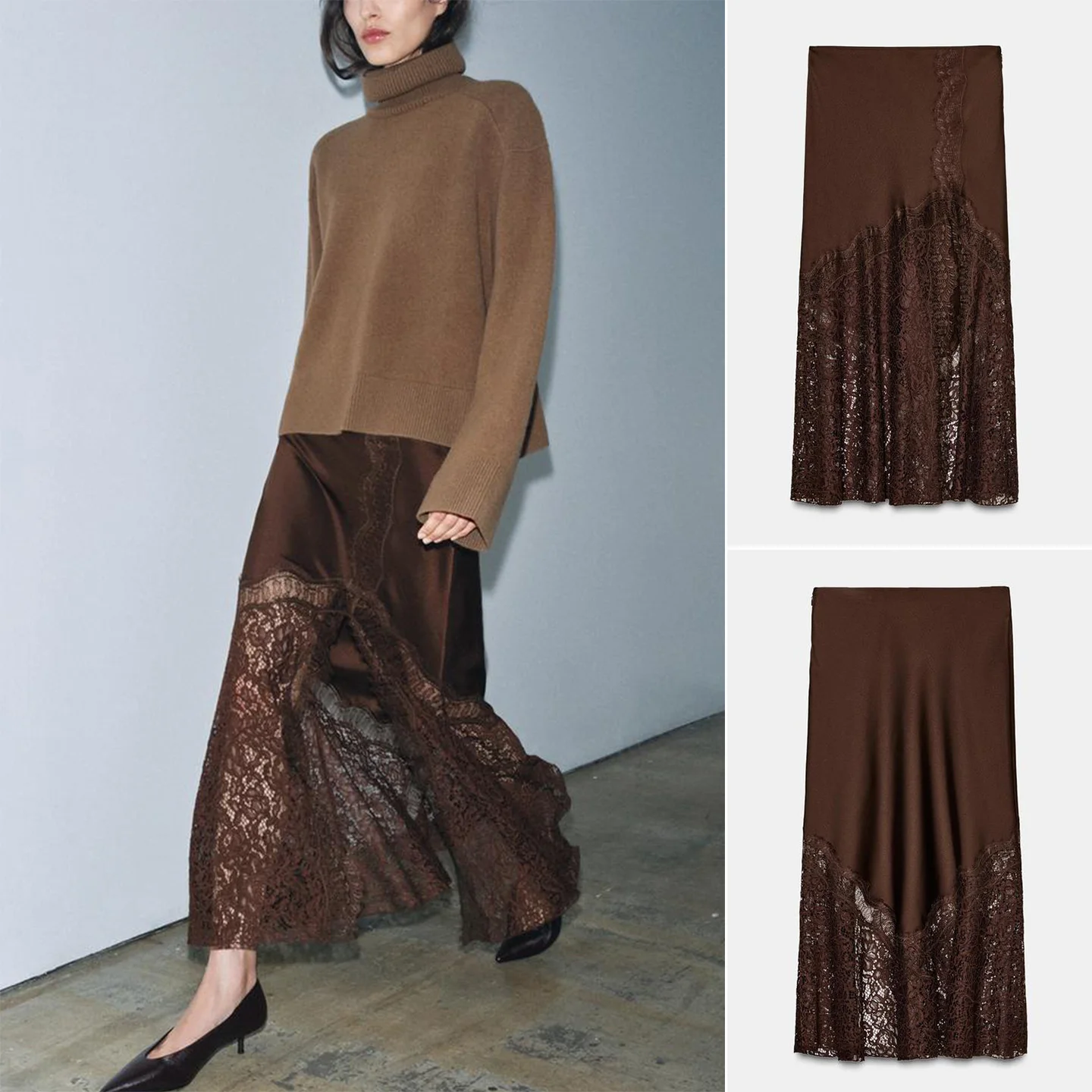 

Winter Women's Simple Sle A-Line Skirt High Waist Lace Trim Silk Satin Texture f-length Polyester Fiber Casual Skirt