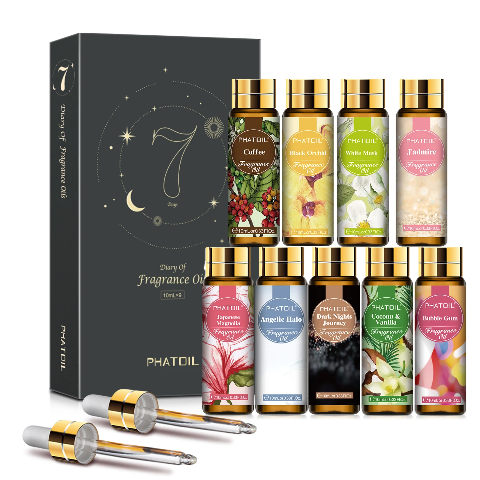 

PHATOIL 9 Bottles Fragrance Oil Gift Box Set-10ml White Musk Coffee Bubble Gum Black Orchid Japanese Magnolia Coconut & Vanilla