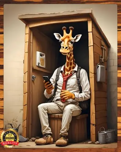 Giraffe - Sitting In The Outhouse On His Cellphone - Humor - Metal Sign