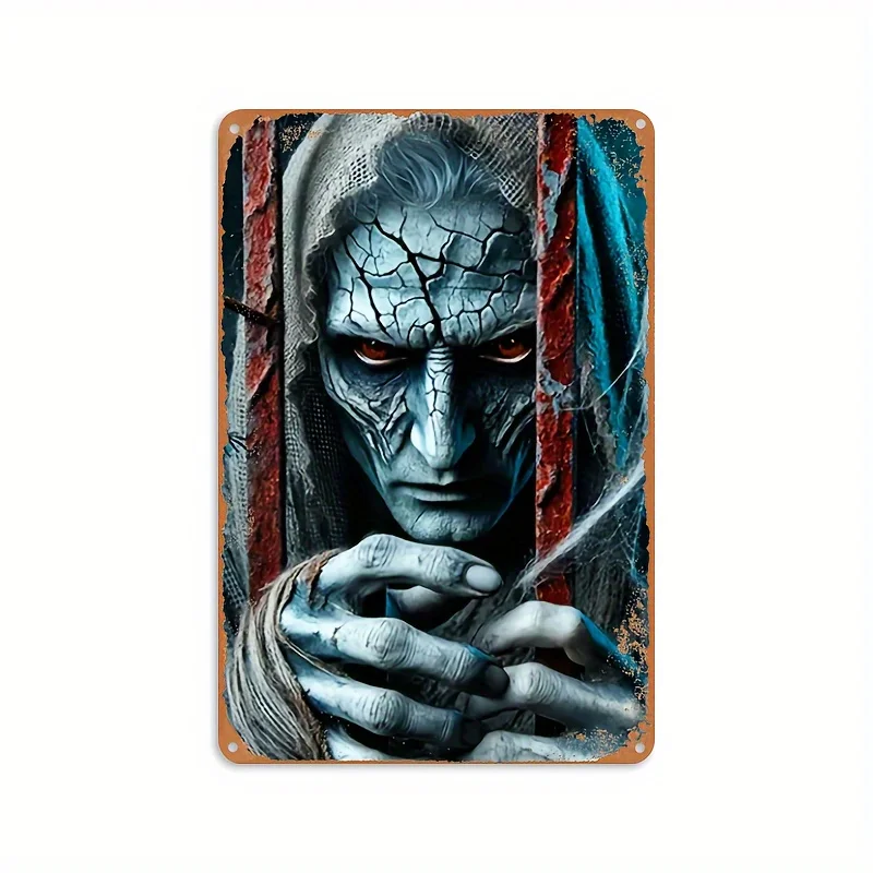 Vintage Metal Tin Sign,  - Horror Art Poster with Skull and Hooded Figure, Rustic Wall Decor for Home, Bedroom, Living Room, Din