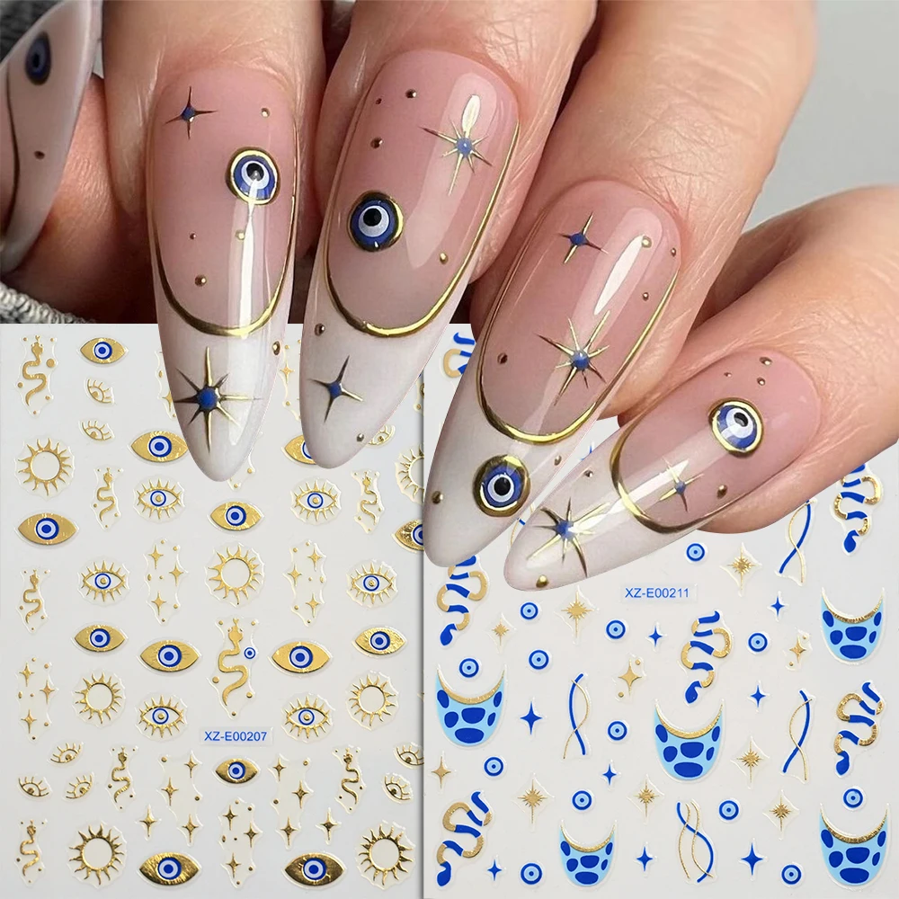 12Pcs 3D Bronzing Blue Evil Eye Snake Nail Art Stickers French Abstract Lines Star Self-Adhesive Slider Manicure Decor Decals &1