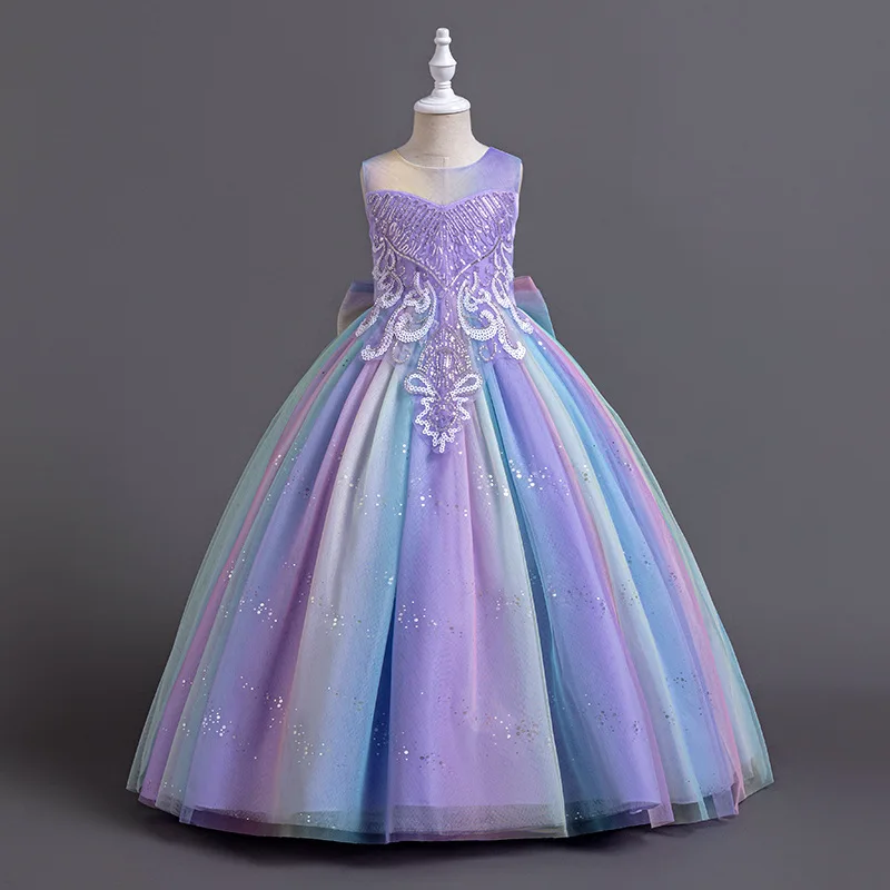 Jupe de princesse à sequins pour filles de 3 à 10 ans, longue robe en maille colorée, littérature à la mode, costume de performance d'anniversaire de carnaval