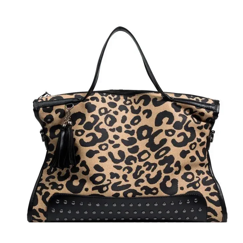 Leopard Print Large Handbag, Autumn Winter Casual Large Capacity Shoulder Bag, Women's Rivet Motorcycle Bag Trend