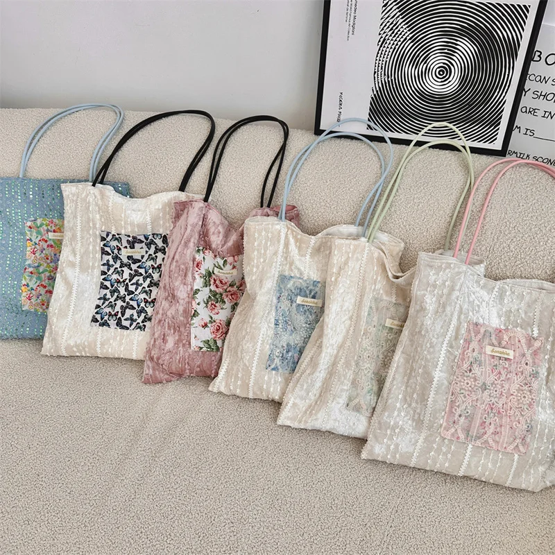 

Hylhexyr Fashion Embroidery Lace Tote Bag Canvas Fine Shoulder Strap Handbag Reusable Cotton Shopping Bags