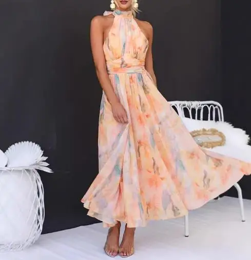 

Women's Vacation Sleeveless Printed Backless Dress Beach Style New 2025 Summer Woman Fashion High Waist Sweet A-Line Skirt