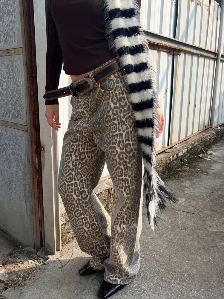 Deeptown Vintage Leopard Print Jeans donna Hip Hop Y2k Streetwear Denim pantaloni larghi Grunge Jeans estetici a gamba larga oversize