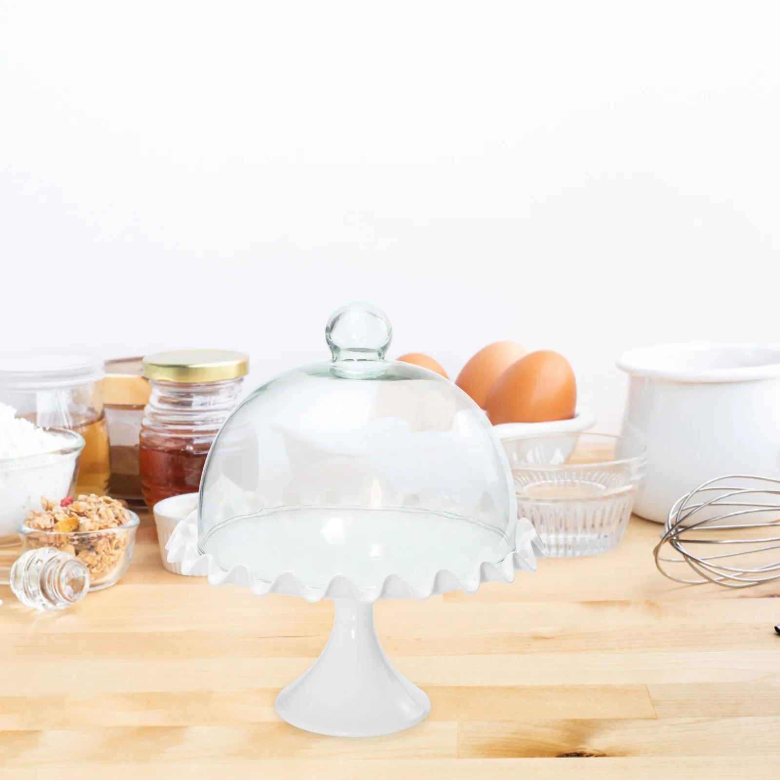 

1Set Glass Dome Cover with Ceramic Food Plate for Cake Display Dustproof Heat Resistant Refrigerator Safe Serving Tray for Home
