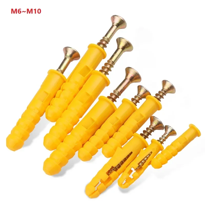 Sets Plastic Tube Expansion Wall Anchors Plugs Fasteners Nylon Self-TappingPhillips Head Screw Bolt Ribbed YellowDrywall M6M8M10