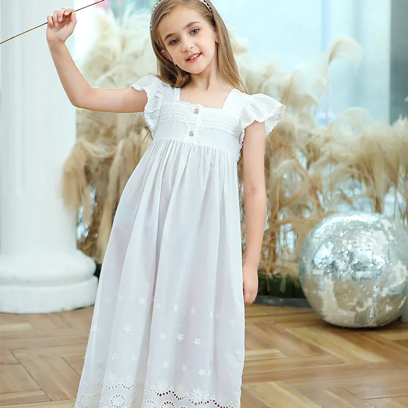 

Summer Toddler Nightgown Dress Girls Nightdress White Pink White Night Gown Sweet Kids Pajamas Vestidos Home Clothes 3-10 Y