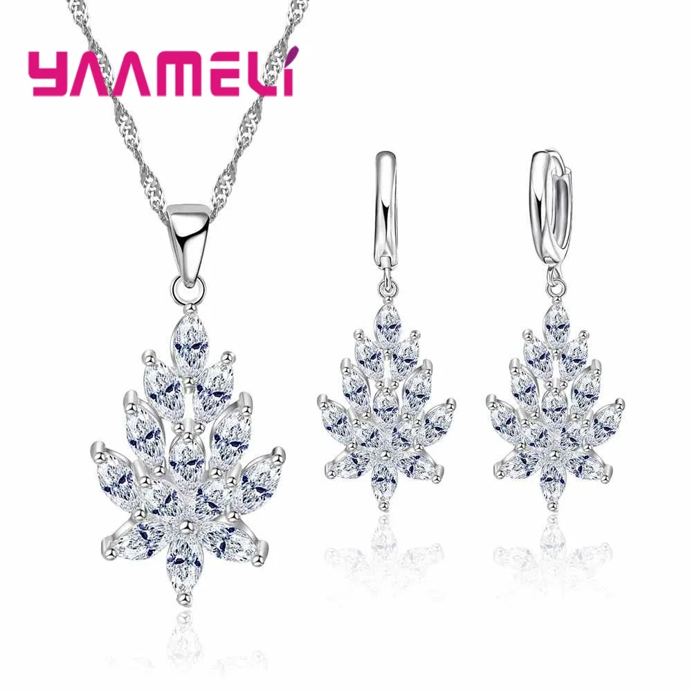 Luxury Jewelry Set For Women Wedding Full Brillant White Crystals 925 Sterling Silver Color Pendant Necklace With Hoop Earring