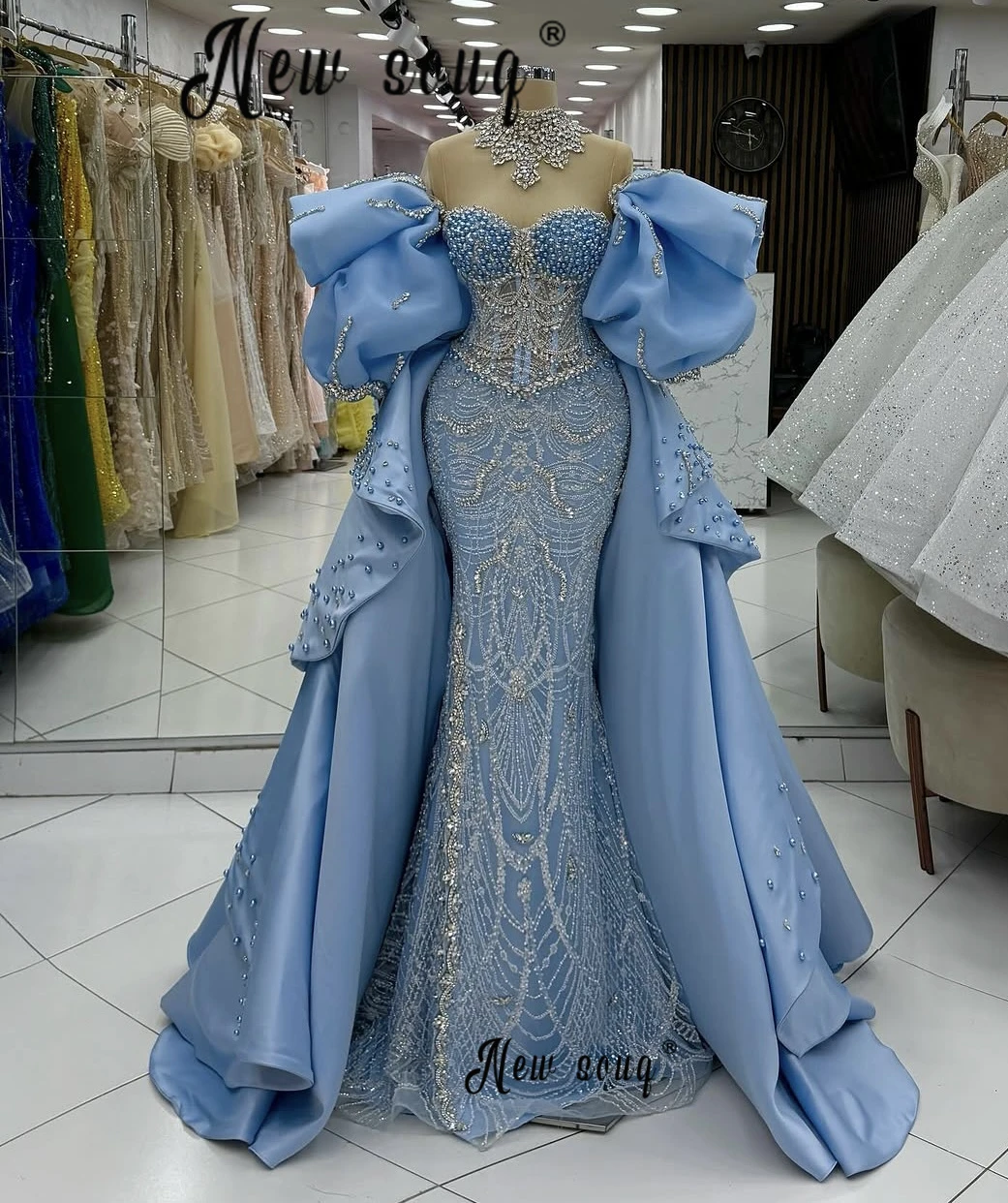 Lujoso vestido de noche azul Floral con hombros descubiertos, vestidos de fiesta de sirena con cristales y sobrefalda para mujeres, eventos de Gala personalizados