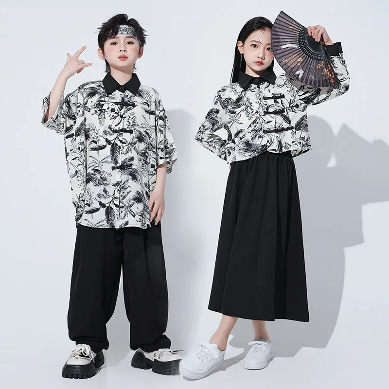 

2024 Chinese Style Hanfu Child Dance Clothes Jazz T Shirt Pants Dress Ballroom Dancing Competition Hip Hop Costumes 4 Girls Boys