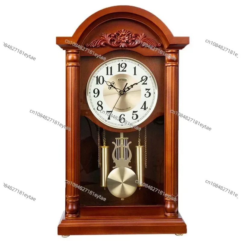 Solid wood clock on the hour pendulum clock, silent European retro large quartz clock in the living room