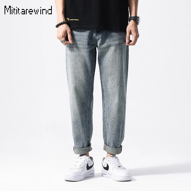 

Autumn Retro Jeans for Men Daily Casual Wide Leg Baggy Jeans Cotton Mid-waist Straight Nine Point Harem Pants Simple Versatile