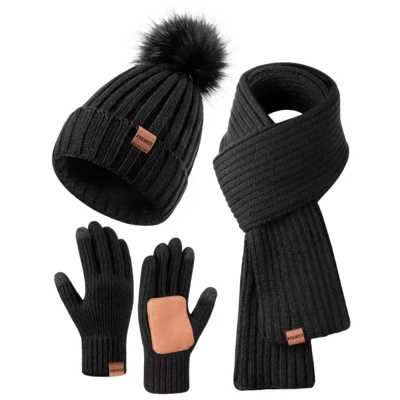 Winter Knitted Beanie Hat Scarf Gloves Set 3pcs/set Women's Warm For Outdoor Sports Skiing Running