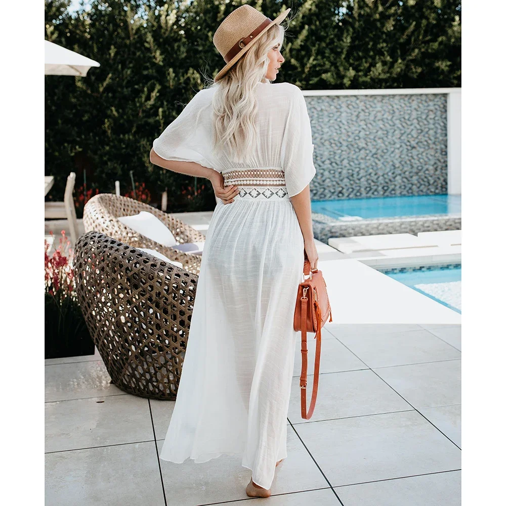 KHALEE YOSE Summer Beach Maxi Dress Holiday Casual Long Boho Dresses Crochet Tie Up Sheer Hippie Gypsy Sexy Chic Dress Women