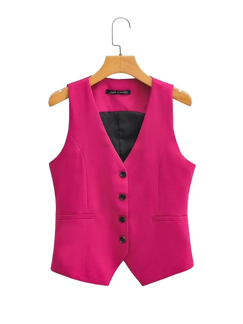 Moda damska V Neck bez rękawów kieszenie krótka kamizelka kurtka biurowa dama pojedyncze piersi Casual wąska kamizelka topy CT2208