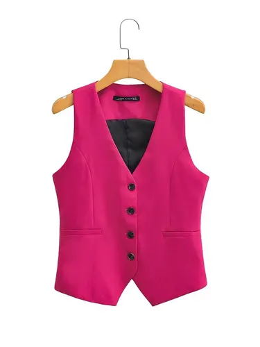 Chaleco corto sin mangas con bolsillos y cuello en V para mujer, chaqueta de oficina para mujer, chaleco ajustado informal con una hilera de botones, Tops CT2208