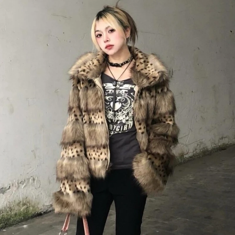 Autumn Winter Leopard Print Eco Friendly Faux Fur Coats Women's New Vintage Brown Lapel Furry Coat Fashionable Warmth Outerwear