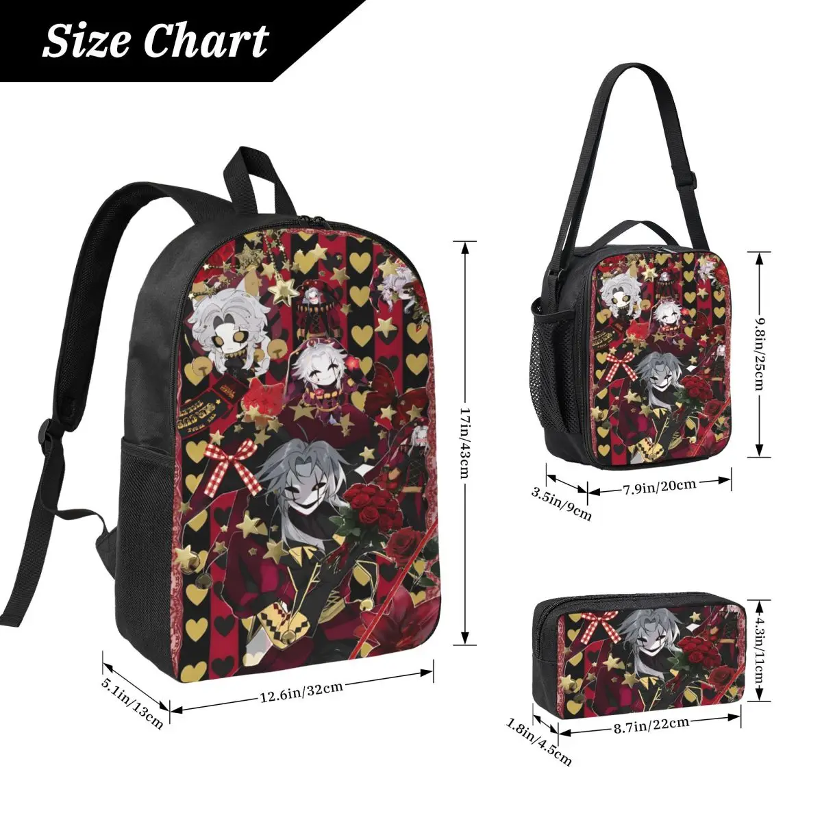 3Pcs Pierrots The Freak Circus Backpack Set for Boy Girl Pencil Boxes Bookbag Sets with Lunch Box For School Students Knapsack