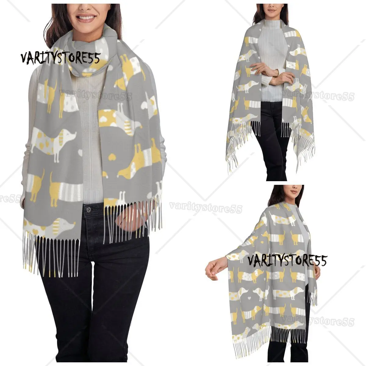 Dachshund Dog Grey Shawl Wrap for Ladies Winter Warm Large Long Scarf Pashmina Tassel Scarves