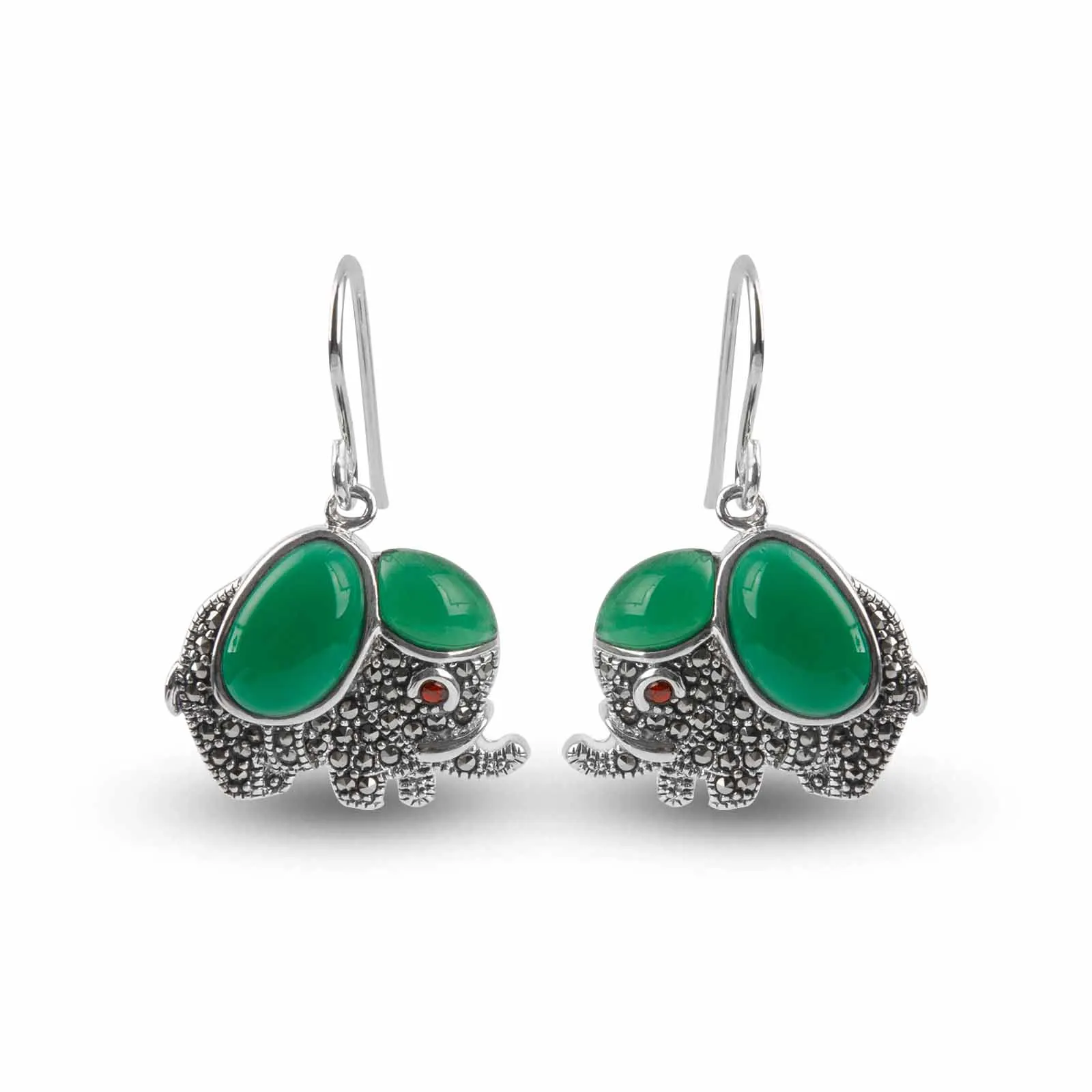 YYSuniee S925 Silver Retro Earrings Chinese Style Synthetic Green Agate Elephant Personalized Earrings