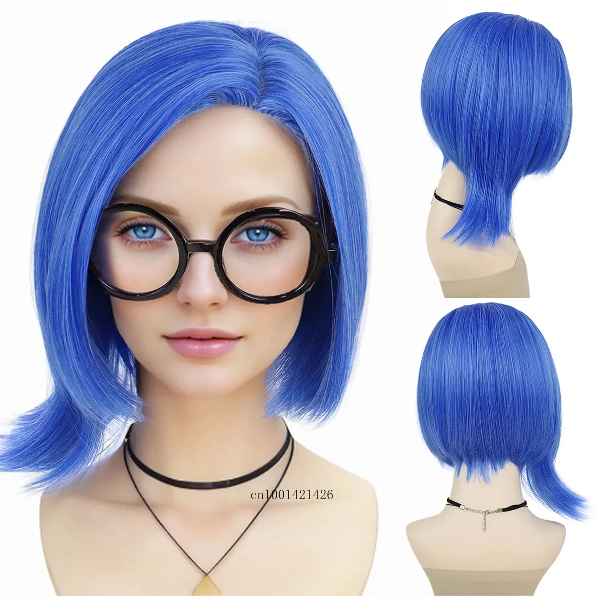 Synthetic Hair Short Sadness Wig Cosplay Straight Blue Wig for Kid with Glasses Inside Out Costume Halloween Fake Wigs for Women