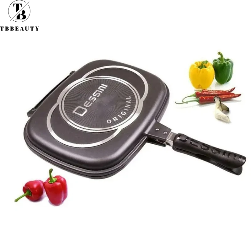 Double-sided BBQ Grill Pan Portable Frying Pan Flip Non-stick Barbecue Cooking Tool Cookware Stove Anti-scalding Handle Skillet