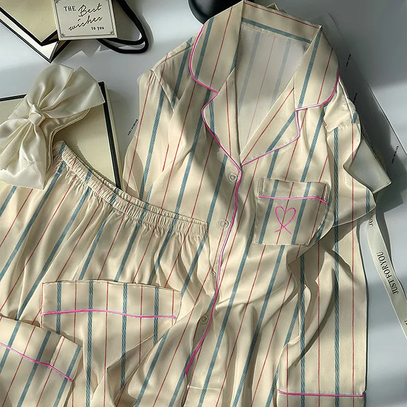 Contrast-Striped Ice-Silk Pyjamas for Women Spring/Autumn Season Long-Sleeved Lightweight Style Women's Fashionable Homewear Set