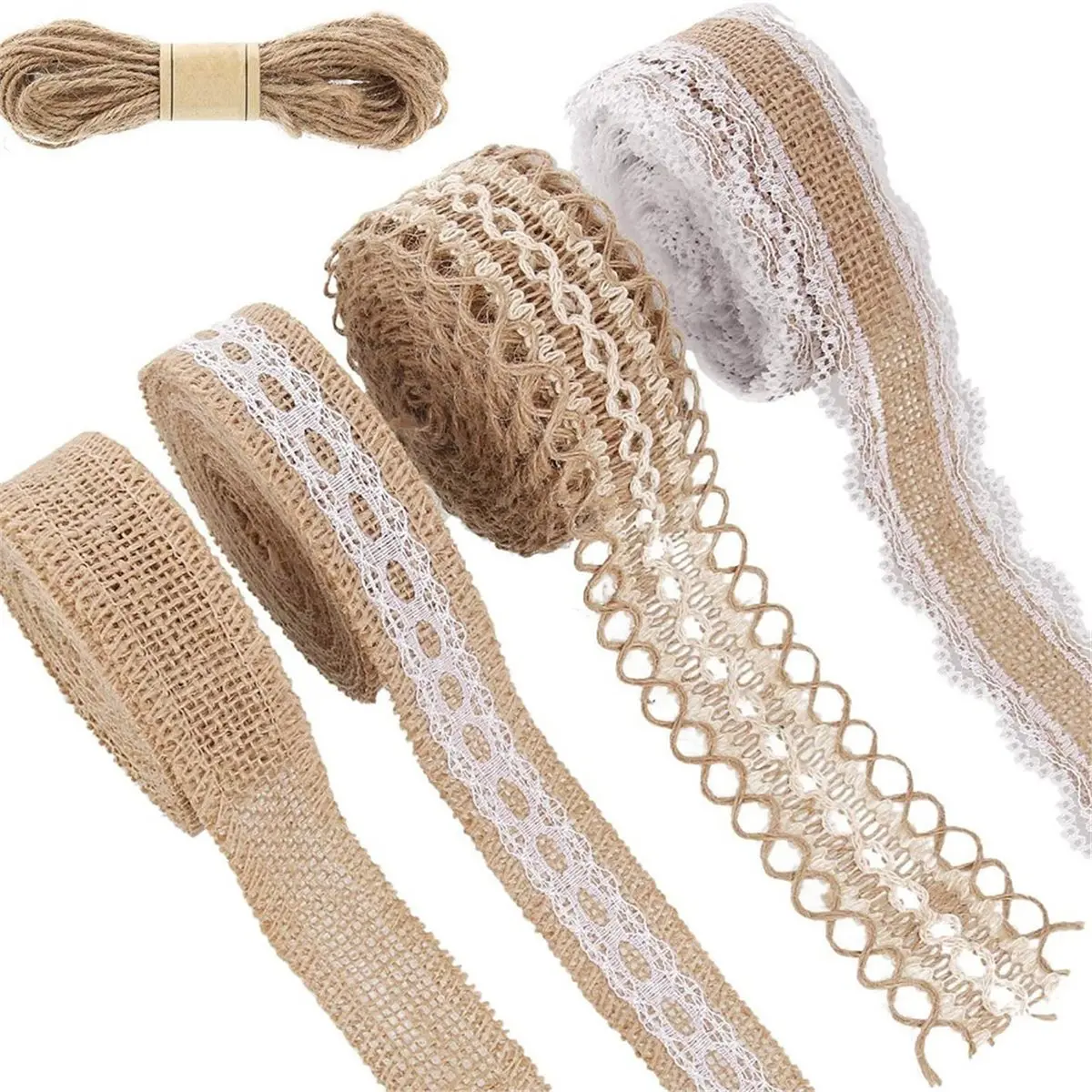 Burlap Ribbon Lace Rolls for Crafts with Twine Rope, 4 Styles Rustic Wedding Decoration, 5.5 Yards Each