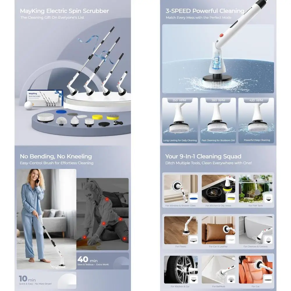 

Adjustable 3-Angle Cordless Scrubber with 9 Brushes, 3-Speed, LED Battery Display for Deep Cleaning Tiles and Bathtubs