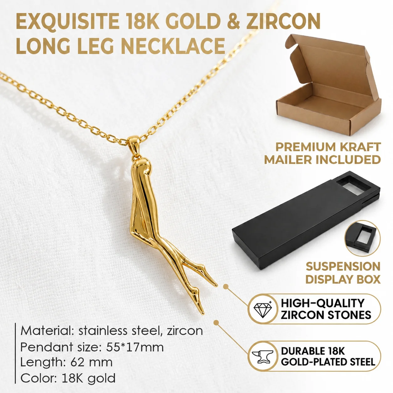 Stainless Steel Long Leg Abstract Figure Pendant Necklace for Women Paperclip Zircon Chain Minimalist Fashion Jewelry Gift