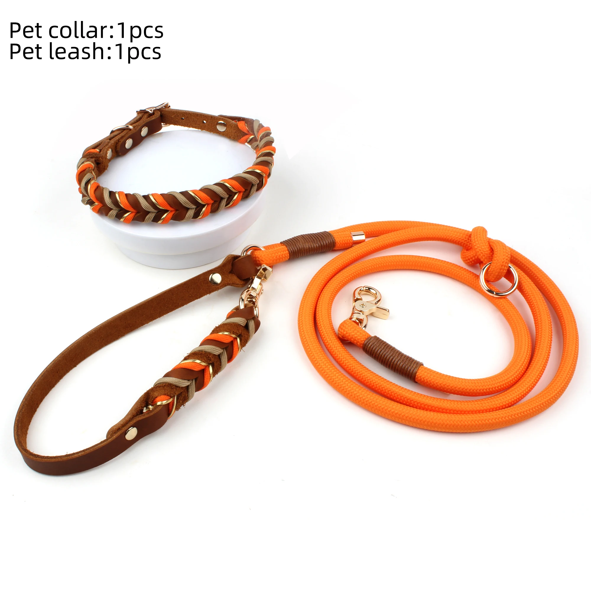 Braunes Leder-Hundehalsband und Leinen, Anzug, gewebte Muster, wunderschönes, langlebiges Nylon, orange Farben, Seil, freihändiges Design, 2026, neu – Detail 2