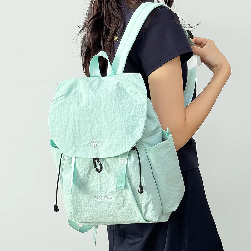 Unisex Two Tone Drawstring Backpack, Soft Lightweight Flap Cover Bottle Pockets, Casual Rucksack for Daily School,Outdoor Hiking