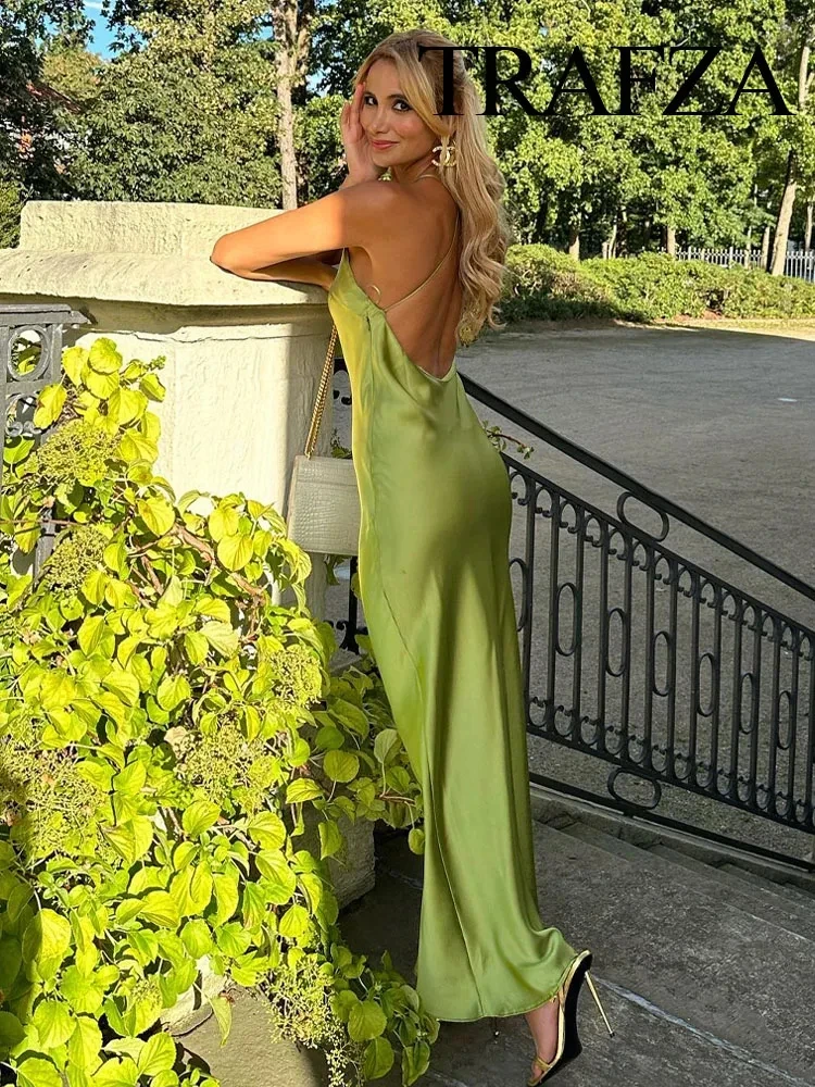 TRAFZA 2024 Women Fashion Sexy Backless Solid Green Satin Dress Sleeveless Halter Neck Slim Dress Eveninig Party Mujer Vestidos