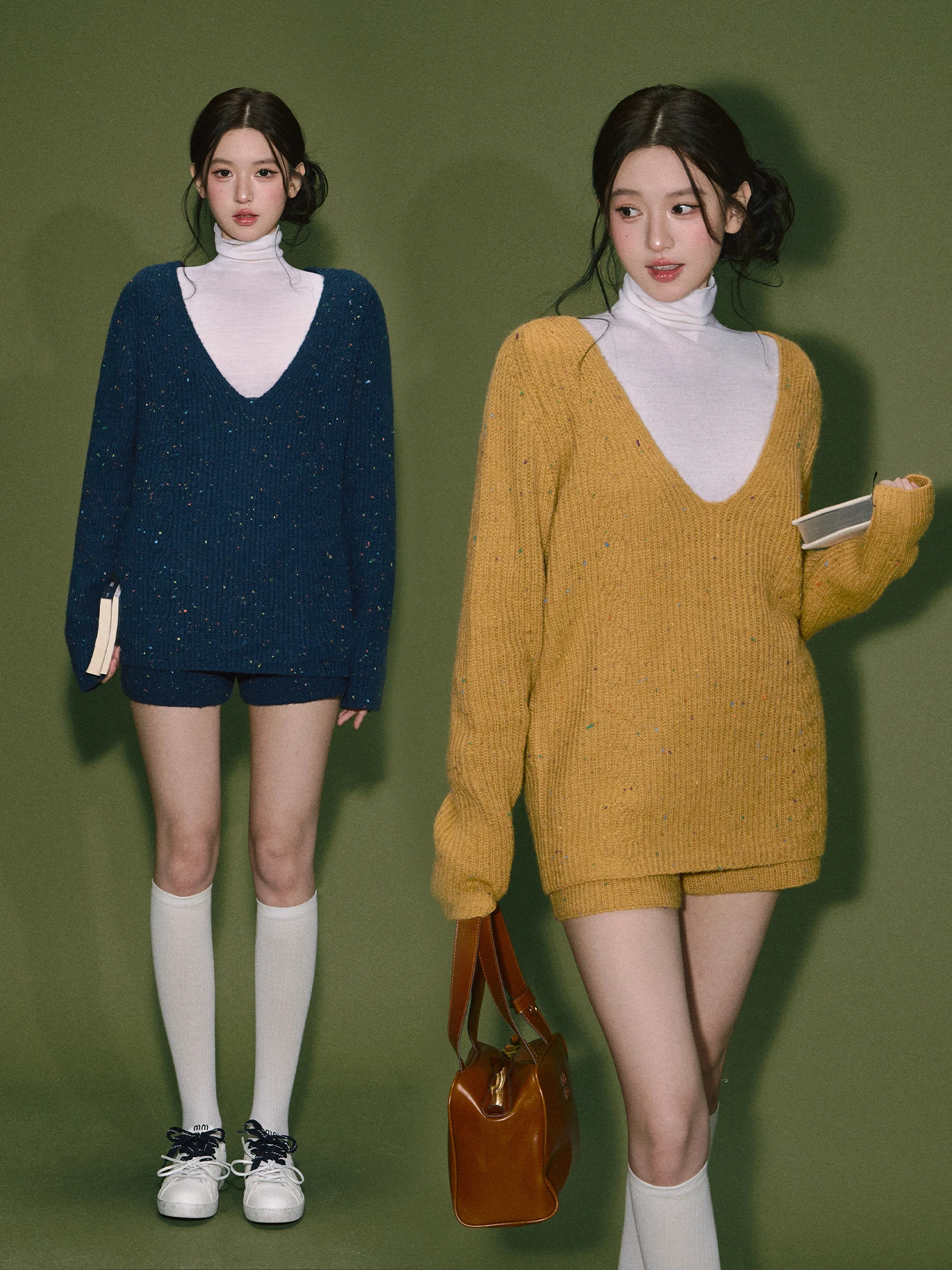 

OIOI E Dopane V-ne Lazy Twist Sweater Set Women's Loose Overhead Knittedwear Autumn Winter Faion Ensemble