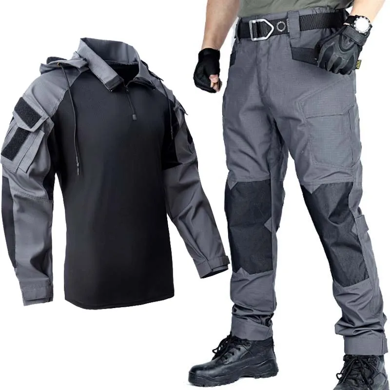 Men Hooded Long Shirt+Cargo Pants Multi-Pocket Durable Tactics Work Pants Outdoor Hiking Hunting Training Suits