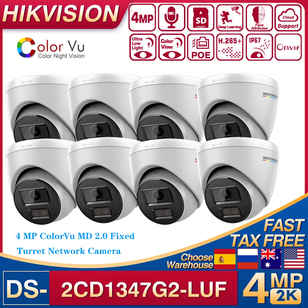 8PCS Hikvision Original 4MP DS-2CD1347G2-LUF IP67 POE ColorVu Human Detection WDR Built-in Mic Fixed Turret Network Camera Kits