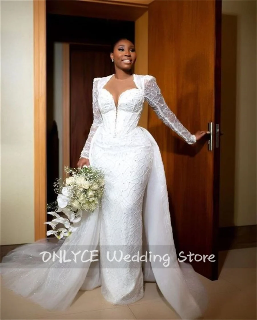 Luxury Wedding Dresses 2024 Detachable Train Long Sleeves Lace Beading Crystal Pearls Bridal Gowns Robe De Mariee  Customized