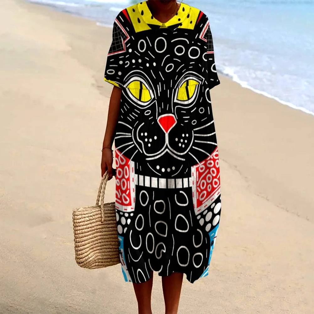 

Black Funny Cat Print Dress Lapel Casual Straight Maxi Long Dress Women's Luxury Designer New Chic Clothing Trend