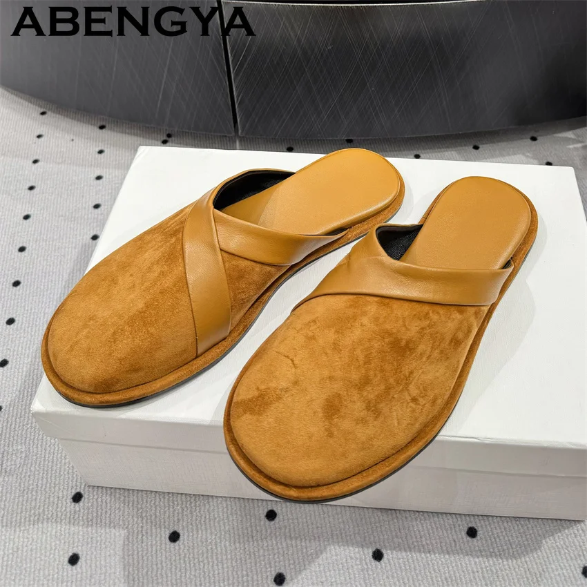 

ABENGYA Suede Leather Round Wrap Toe loafers Flat Slippers Women Obese Comfort Mules Slippers Summer Casual Flat Shoes Woman